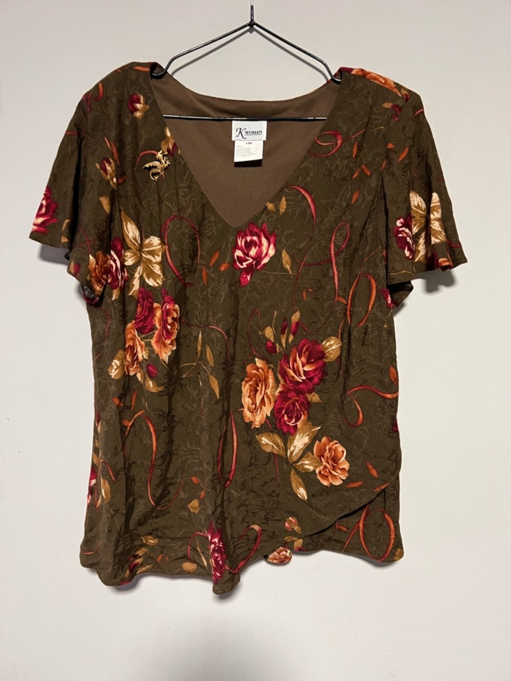 Kasper Women’s Size 14W Multicolor Floral Print V Neck Blouse Shoulder Pads